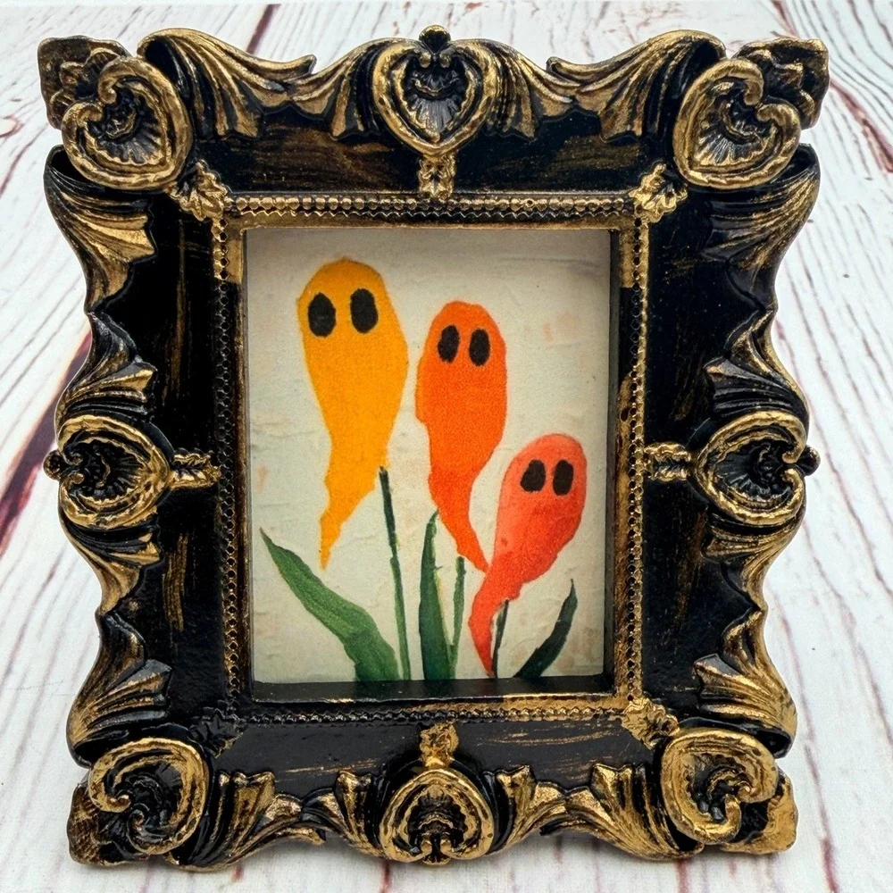 Miniature Ornate Ghost Art Print Black Gold Gothic Halloween Frame 3.5in Decor